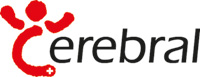 Logo der Organisation "Cerebral" mit rotem, stilisiertem "C", das wie eine Person aussieht, kombiniert mit schwarzem Schriftzug "erebral".