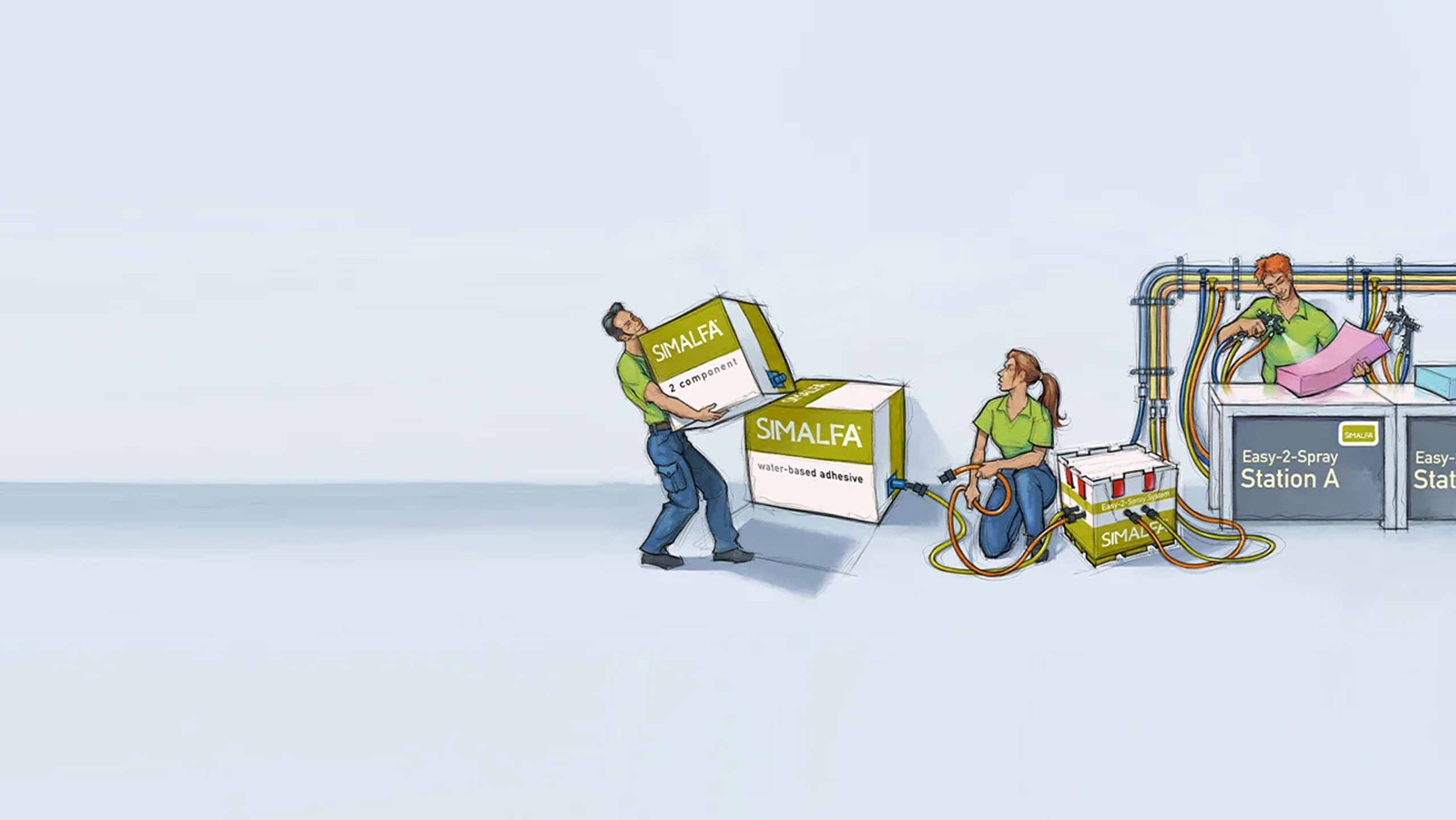 Illustration von Menschen in einer Fabrik, die Simalfa-Kartons tragen, Klebstoffsysteme anschließen und Schaumstoffteile an Easy-2-Spray-Stationen bearbeiten.