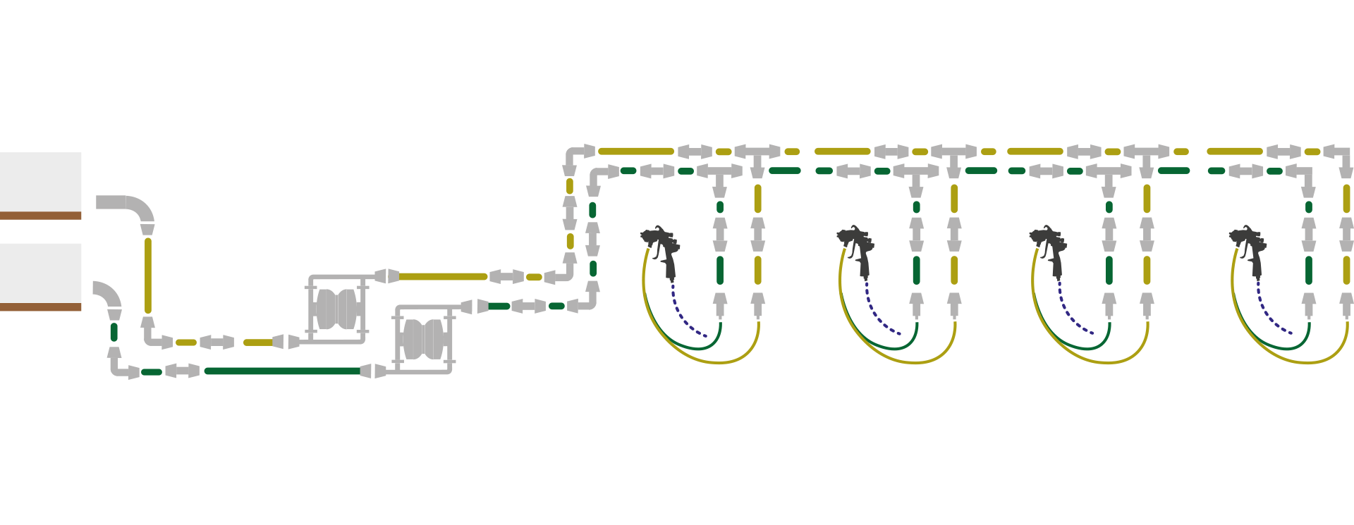 A detailed diagram illustrating the process of applying spray adhesive at multiple stations in a production line.