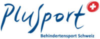 Logo von Plusport Behindertensport Schweiz mit einem stilisierten Schriftzug und einem roten Kreuz.
