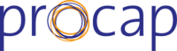 Logo von Procap in Blau mit einem orangefarbenen Kreissymbol.