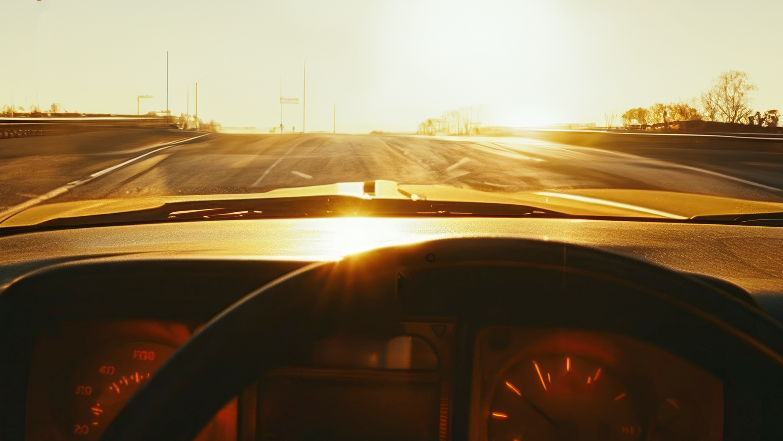 从车内驾驶员的视角，仪表盘清晰可见，阳光洒在拥堵的道路上。