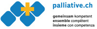 Logo von palliative.ch mit vier blauen Quadraten, einem gelben Kreuz in der Mitte und dem Schriftzug „palliative.ch“ daneben. Darunter der Slogan „gemeinsam kompetent“ in drei Sprachen.
