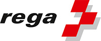 Logo der Rega mit schwarzem Schriftzug „rega“ und rotem stilisiertem Kreuz, das schräg angeordnet ist.