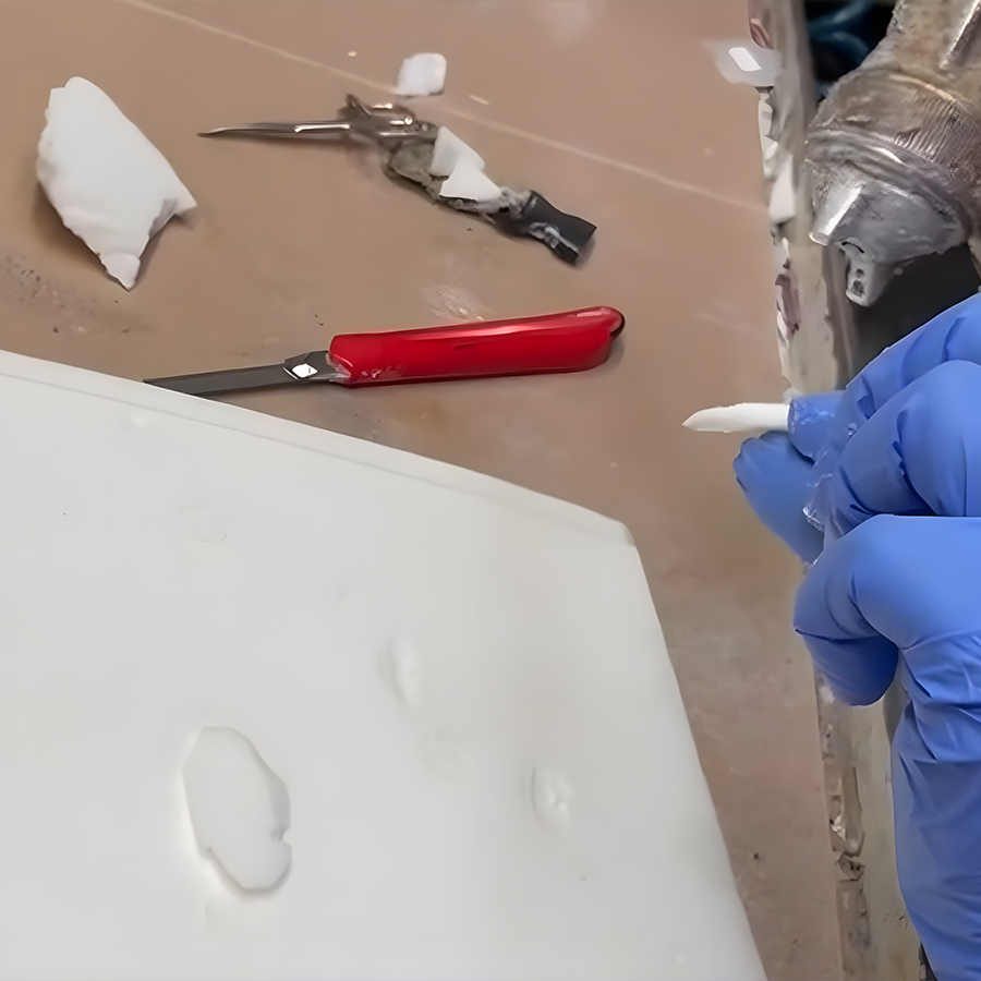 Person mit blauem Handschuh bearbeitet weißen Schaumstoff auf einer Arbeitsfläche mit einem roten Skalpell.